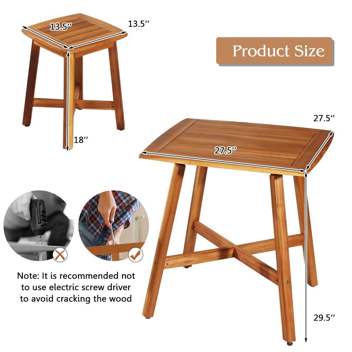 Tangkula 5 Piece Wood Patio Dining Set, Outdoor Dining Furniture w/Square Table & 4 Stools, Garden Conversation Dinging Set for Porch, Backyard, Balcony, Poolside, Reddish Brown Tangkula