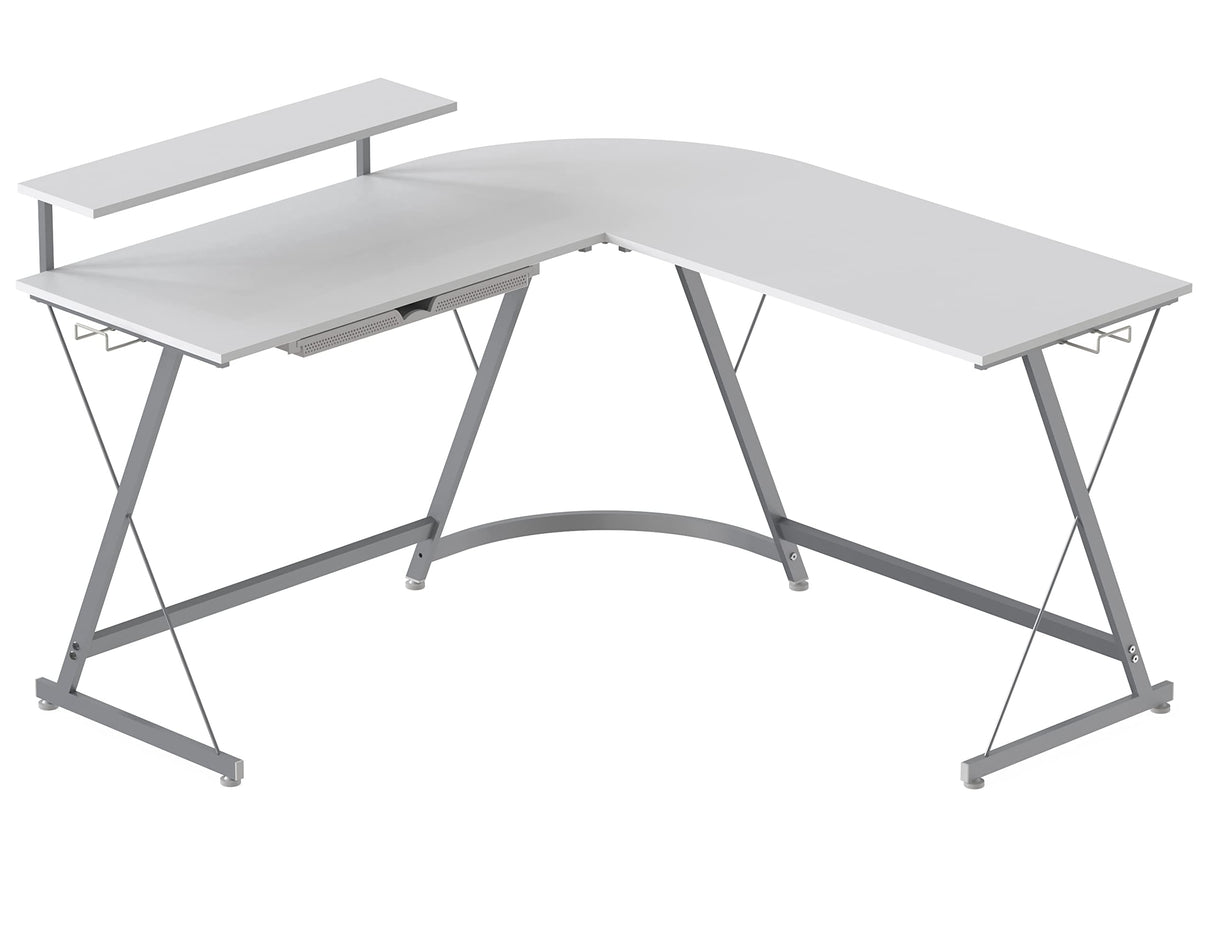 SHW Vista L-Shape Desk with Monitor Stand, White SHW