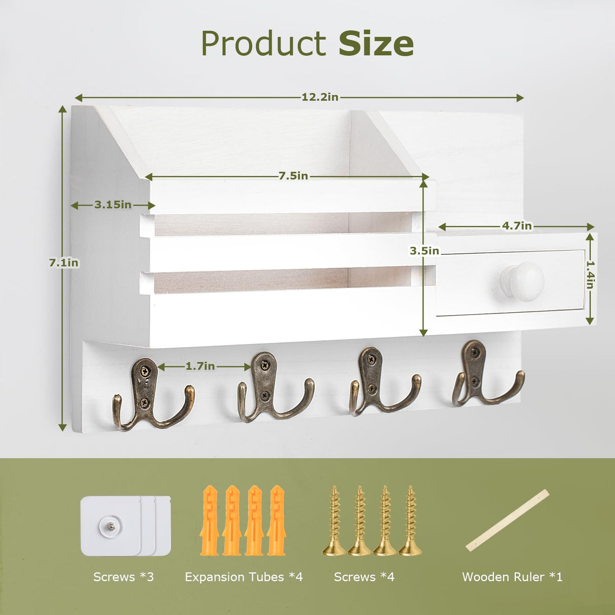 HOMEBROS Key Mail Holder for Wall, White Wooden Key Mail Organizer with Drawer Wall Mount Key Rack with Shelf Key Storage Hanger with 8 Key Hooks for Entryway Hallway 2 Installation Methods HOMEBROS