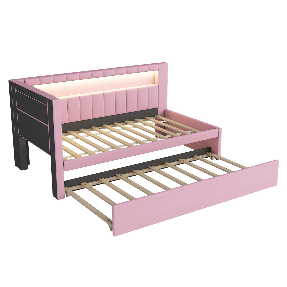 DaiNNCN Twin Size Daybed with Trundle Built-in USB Ports and LED,L-Shaped Day Bed Frame with Storage Shelves,Corner Unit Sleeper Sofa Bed for Girls,Kids,Adults-Pink DaiNNCN