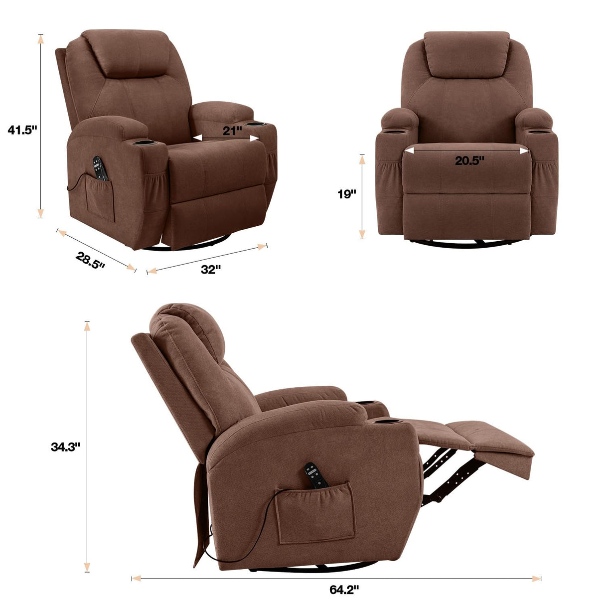 Flamaker Rocking Chair Recliner Chair with Massage Swivel Ergonomic Lounge Chair Classic Single Sofa with 2 Cup Holders Side Pockets Living Room Chair Home Theater Seat (Brown) Flamaker