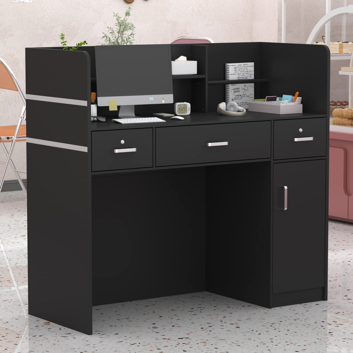 AGOTENI Reception Desk Reception Stations with Open Shelf & Drawers, Wooden Counter Desk with Lockable Drawer for Office Reception Room (Black) AGOTENI