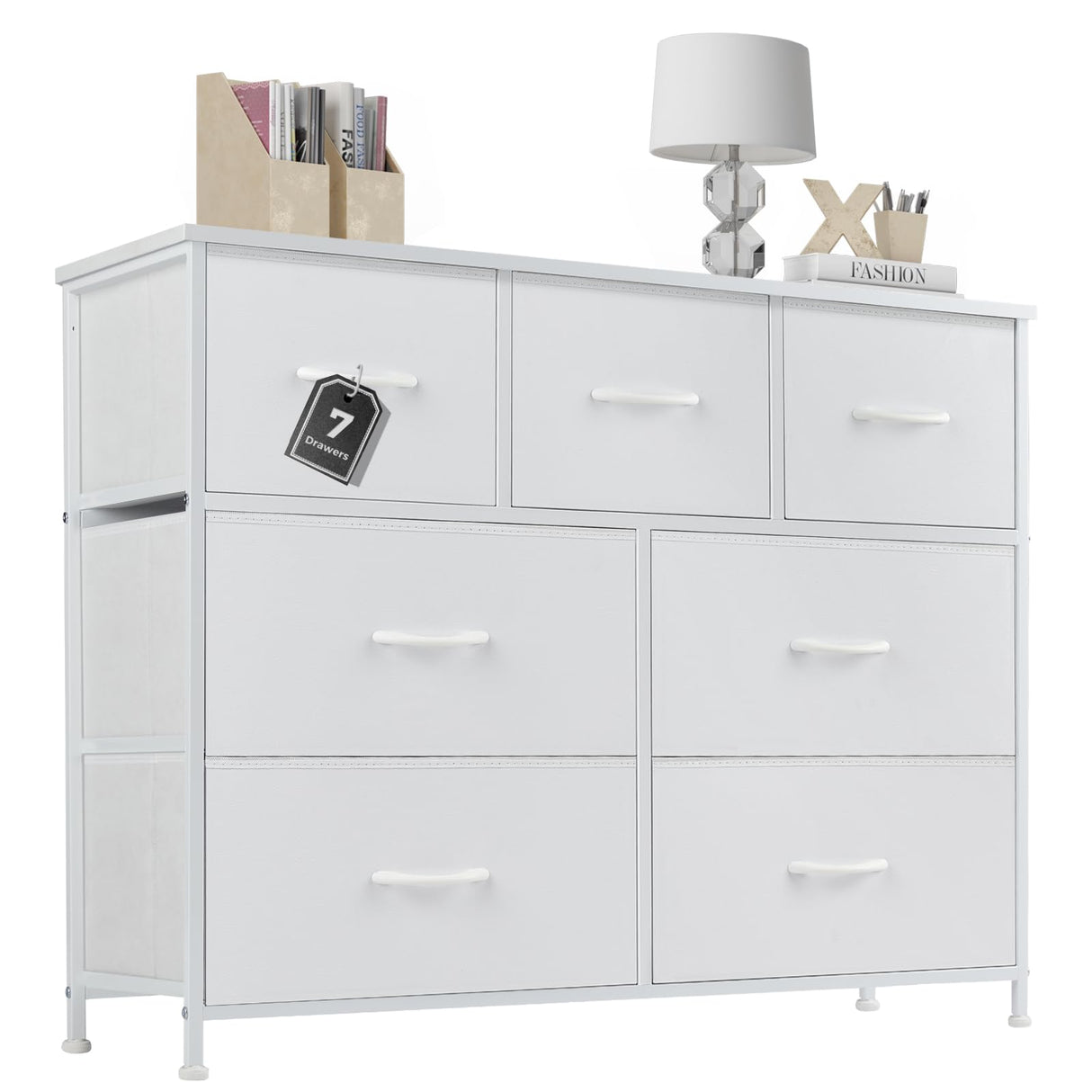 DUMOS Dresser for Bedroom with 7 Fabric Drawers, Chest Organizer Units for Clothing, Closet, Bedroom, Storage Tower with Cabinet, Metal Frame, Wooden Top, Lightweight Nursery Furniture, White DUMOS