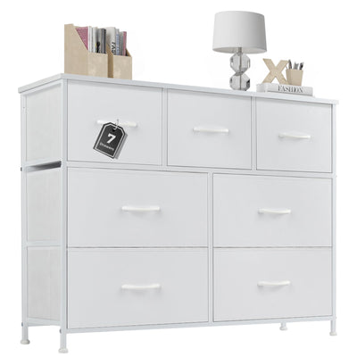 Dresser for Bedroom with 7 Drawers, Anti-Tip Wide Fabric Chests Storage Organizer Tower Furniture, TV Stand for TV up to 45 inch with Wooden Top Metal Frame for Clothes, Living Room, Hallway, Entryway