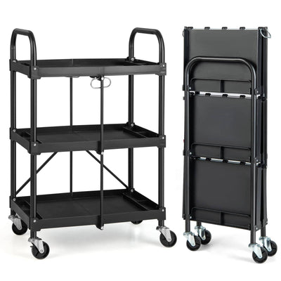 IRONMAX Folding Tool Cart on Wheels, Heavy Duty 3 Tier Foldable Utility Cart w/ 4 Universal Wheel & Compartments, Lightweight Collapsible Service