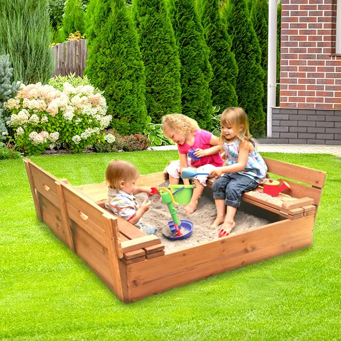 Badger Basket Original Wooden Cedar Sandbox with Built-in Bench Seats and Cover - Heavy Duty Outdoor Play Equipment (Natural/Natural) Badger Basket