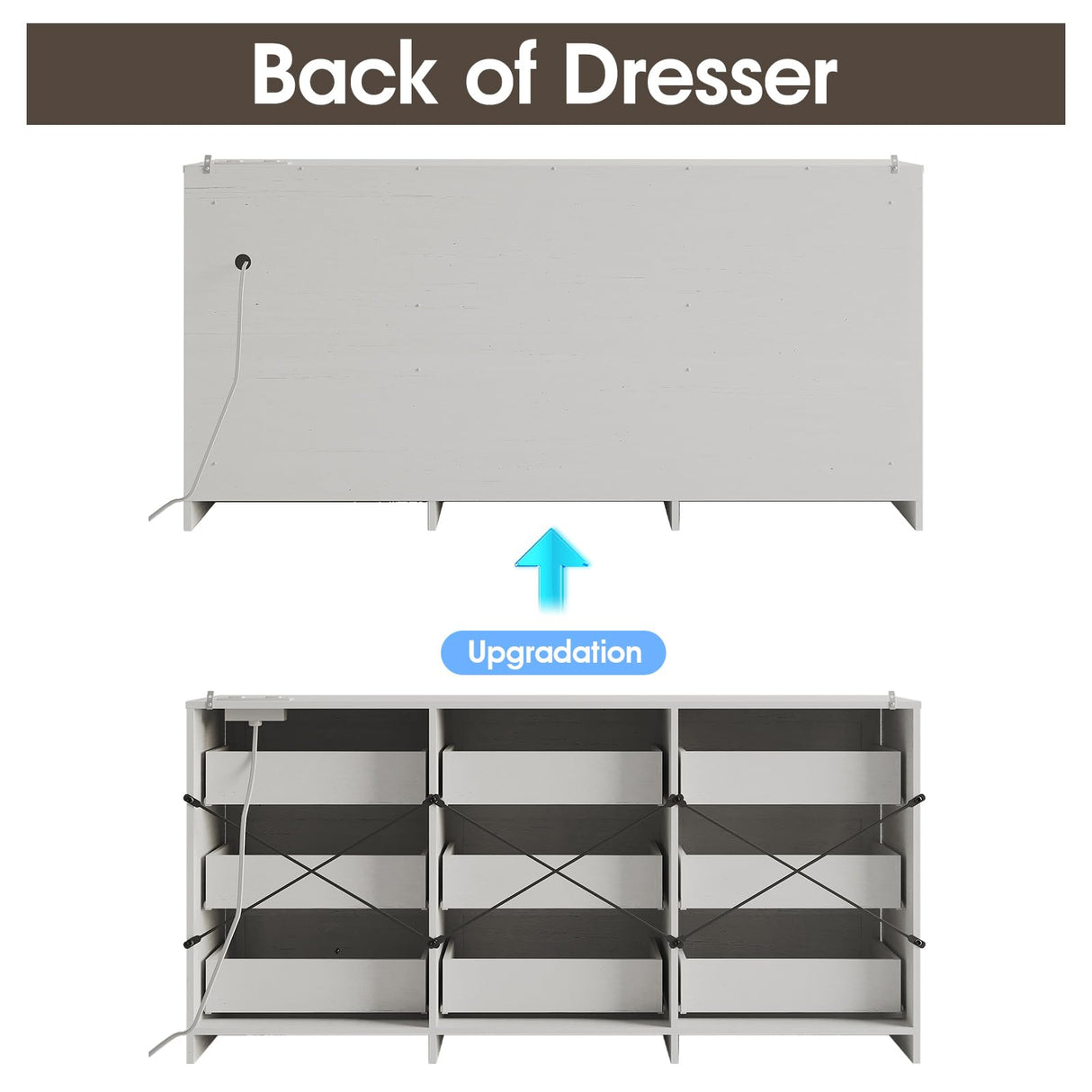 Fameill Dresser for Bedroom, 9 Drawer Wide Dresser Organizer with Charging Station, Tall Dresser for Hallway, Wood Dresser with Metal Handles, Woodgrain White Fameill