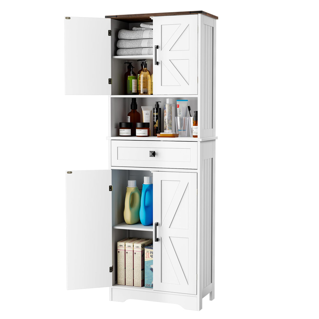 VVFLU Farmhouse Tall Bathroom Storage Cabinet, 67" H Pantry Cabinet, 1 Drawer, 4 Doors, 2 Adjustable Shelves, for Bathroom, Kitchen, Living Room (Americana) VVFLU