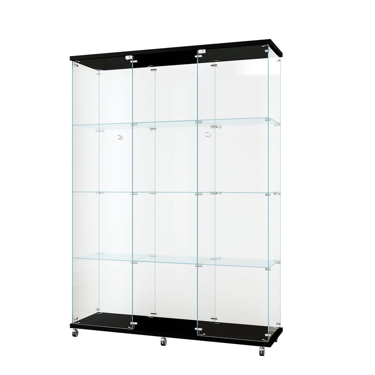 Henf Glass Display Cabinet with 4 Shelves&Wheels,Extra Large Double Doors Curio Cabinets with Lock Floor Standing Display Case Display Case for Living Room,47.71" W x 14.37" D x 66.53" H,Black Henf