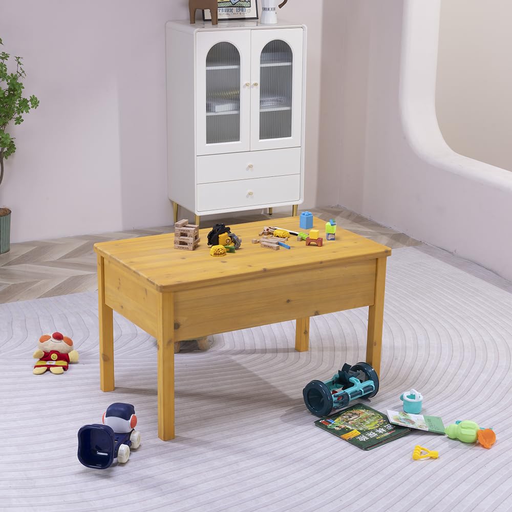 BIRASIL Wooden Kids Sensory Tables with Folding Lid, Activity Table for Children, Elevated Play Tables with Storage for Indoor Outdoor, Yellow BIRASIL