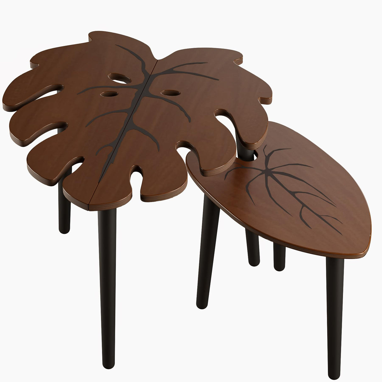 BAMEOS Monstera Leaf Nesting Tables Set of 2, Small Side Tables f Set with Leaf Vein Pattern, Modern Wooden CoffeeTables for Living Room Bedroom Apartment Balcony Yard BAMEOS