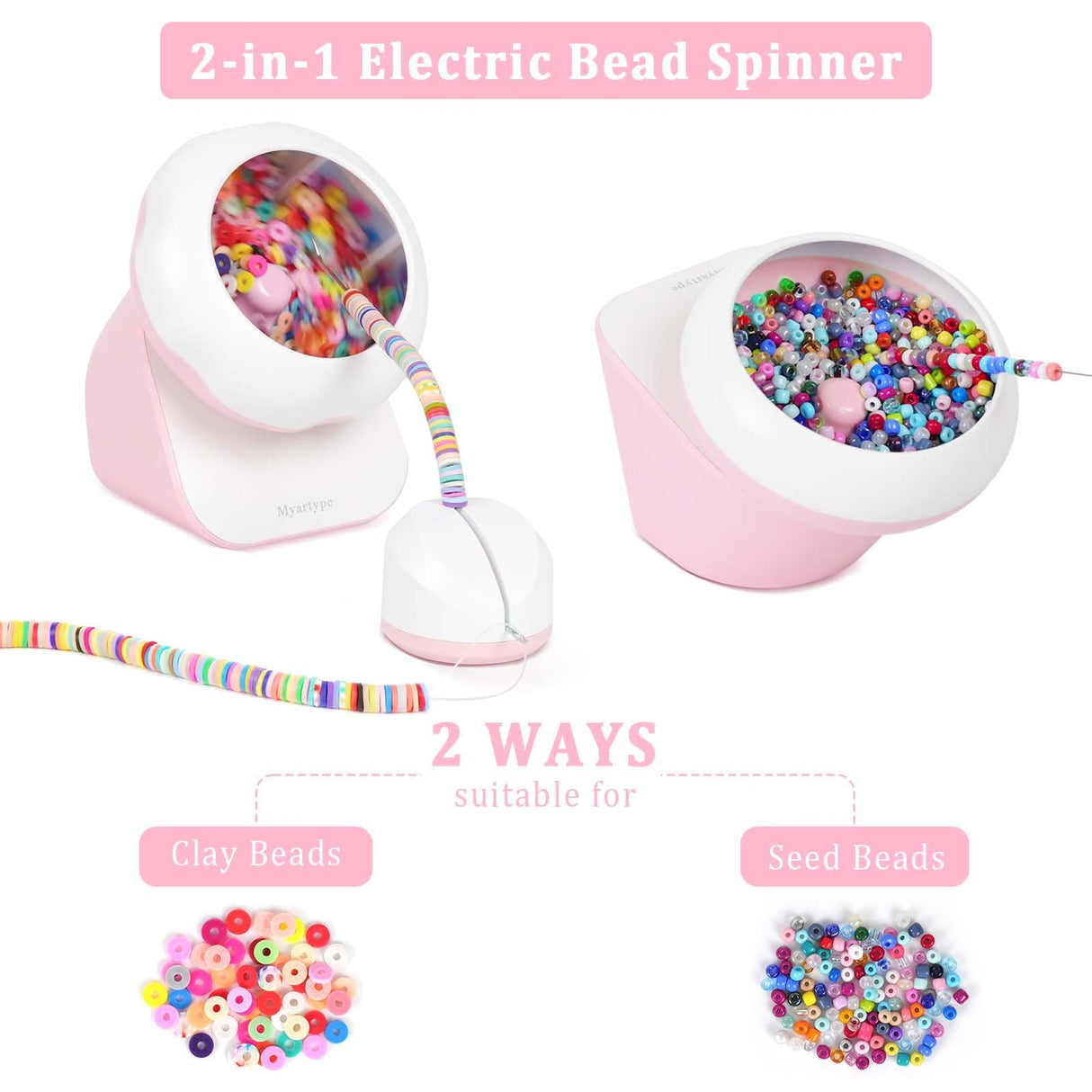 Myartype Clay Bead Spinner and Seed Bead Spinner, 2-in-1 Electric Bead Spinner for Jewelry Making, Bracelet Spinner and Necklace Making Machine with Bead Needles and Thread (Pink) Myartype
