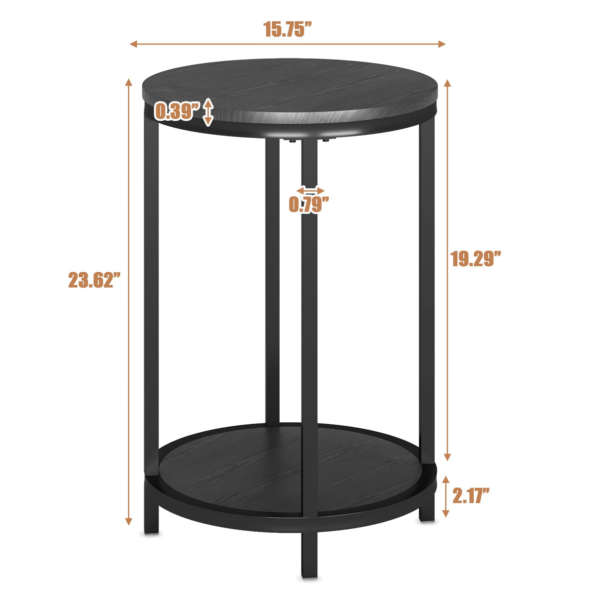 Round Side Table Set of 2,16in Rustic Wooden End Table Surface Top & Sturdy Metal Legs Nightstand for Living Room Bedroom Farmhouse Sofa Table with NSdirect