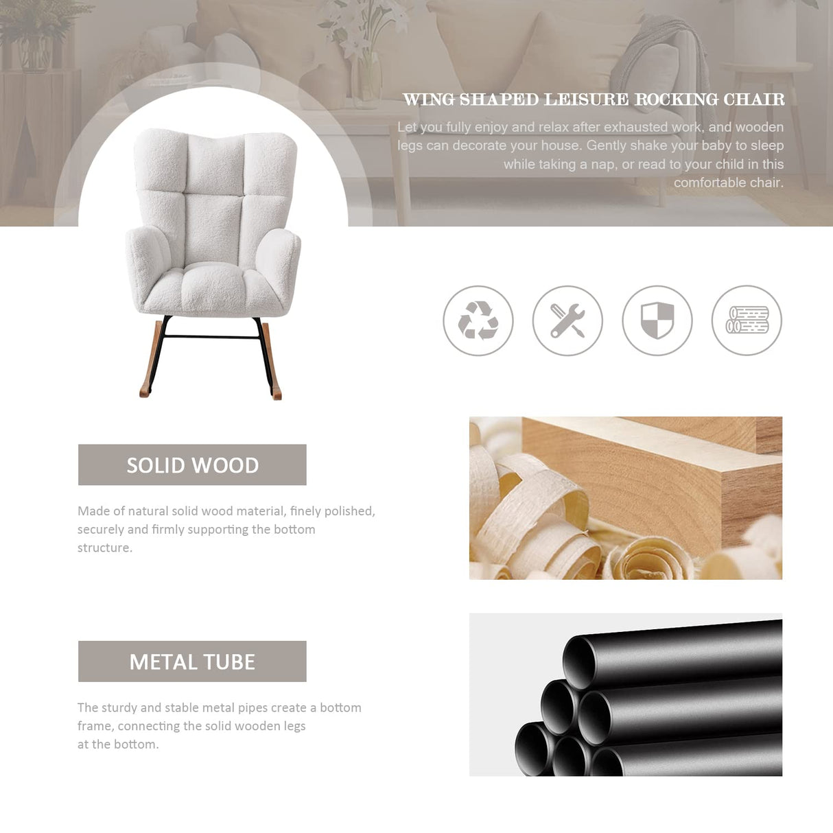 Ugijei Nursery Rocking Chair, Teddy Upholstered Glider Rocker with High Backrest Armchair, Modern Rocking Accent Chairs for Nursery, Living Room, Bedroom, Offices (Ivory) Ugijei