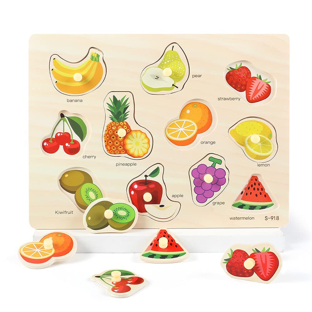 GRINNNIE Wooden Peg Puzzle for Toddlers 2 3 4 Years Old, 4 PCS Montessori Educational Learning Puzzles Set-Numbers, Letters, Animals and Fruits, Great Preschool Gifts for Girls and Boys GR GRINNNIE