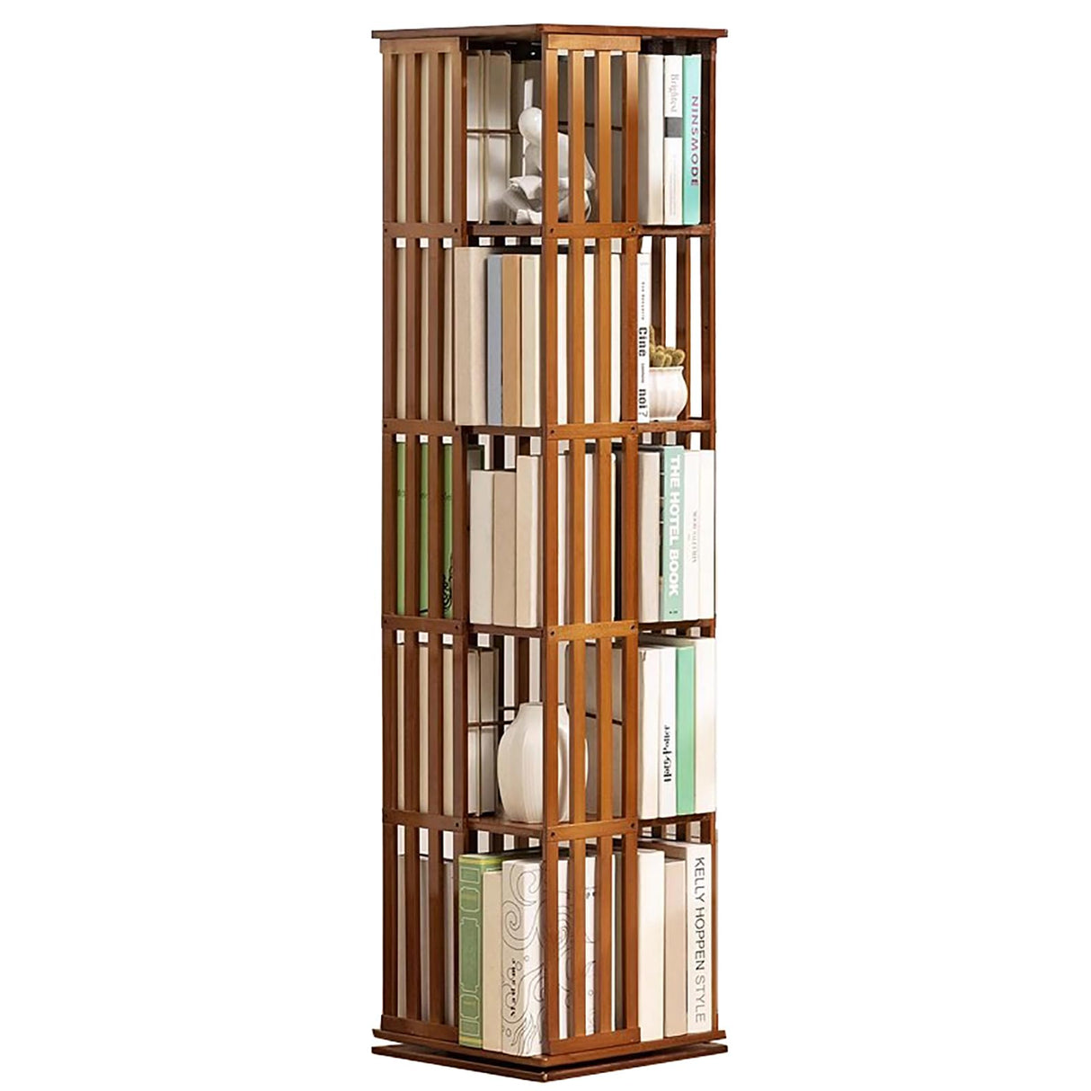 SUZEPER 5 Tier 360° Rotating Bookshelf,Bamboo Bookshelf Floor Standing Storage Rack,Wood Narrow Book Shelf Organizer for Living Room Study Room Office(37x37x149cm(15x15x59inch), Walnut) SUZEPER
