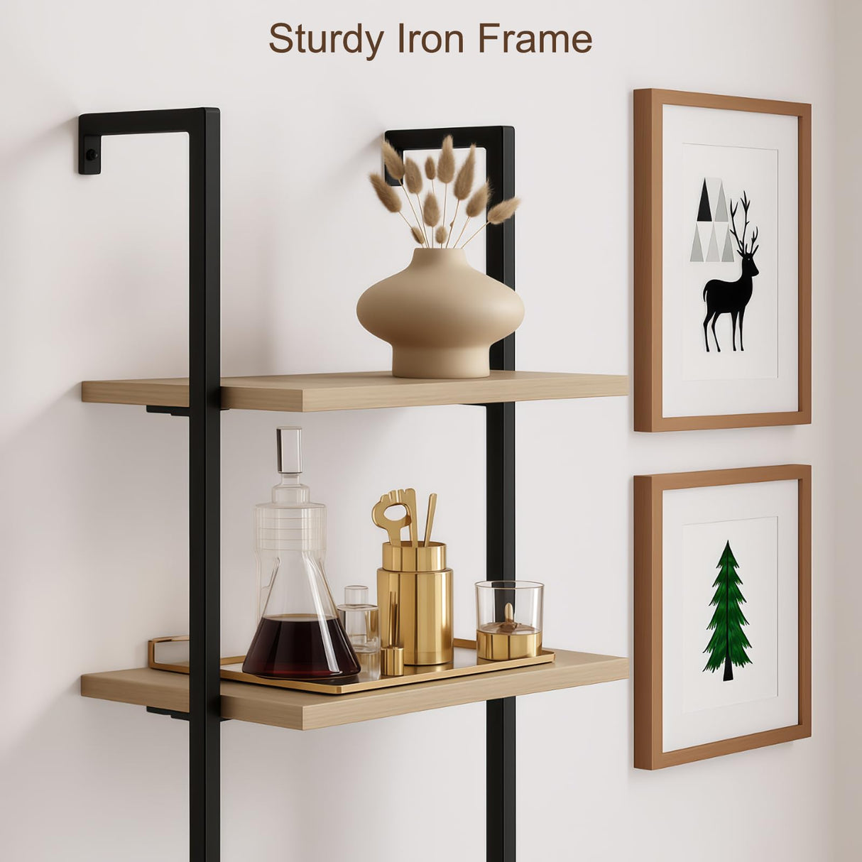 SOLACE FURNITURE Rattan Bookcase, 6 Tier Ladder Bookshelf with Rattan Cabinet, Wall Mount Tall Bookshelves and Bookcases with Metal Storage Shelves Display for Living Room Bedroom Home Office, Oak SOLACE FURNITURE