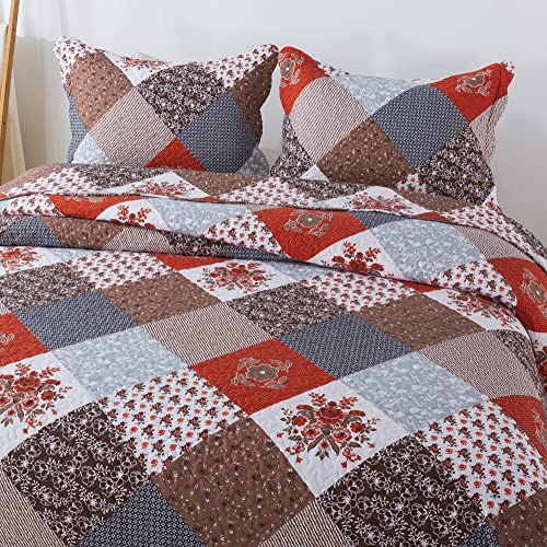 Travan Floral Printed Quilt Sets 3-Piece Super Soft Lightweight Queen Size Bedspread with Shams Reversible Quilted Bedding Set, Red, Queen Travan
