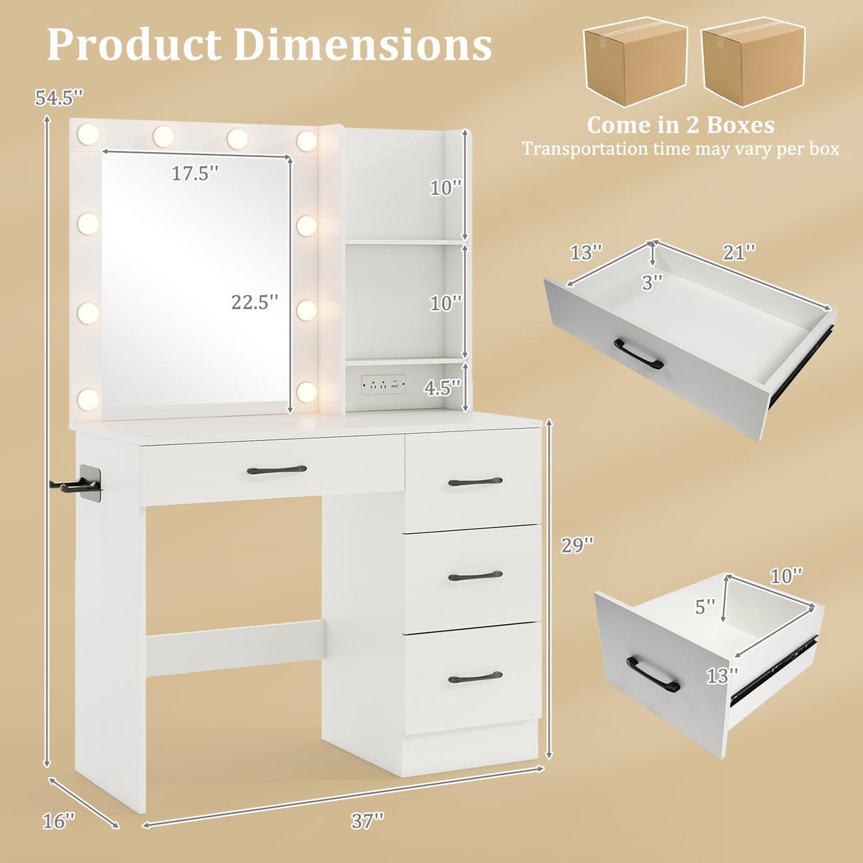 CHARMAID Vanity Desk with Mirror and Lights, White Makeup Vanity Desk with 4 Large Drawers, 2 Storage Shelves, Charging Station, 3-Color Lights Adjustable, Modern Vanity Dressing Table for Bedroom CHARMAID
