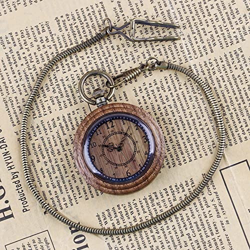 Tiong Wooden Pocket Watches for Men Handmade Bamboo with Chain Analog Quartz Wood Pocket Watch Father's Day Gifts for Dad(Dark Brown) Tiong
