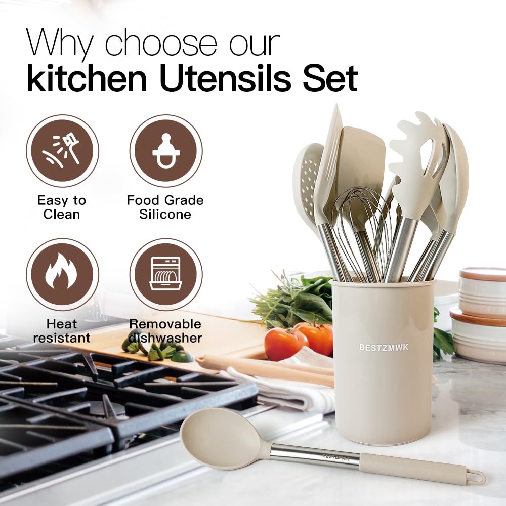 Kitchen Utensils Set-Silicone Cooking Utensils-33pcs Non-Stick Silicone Cooking Kitchen Utensils Spatula Set with Holder-Best Kitchen Cookware with Stainless Steel Handle (Khaki) BESTZMWK