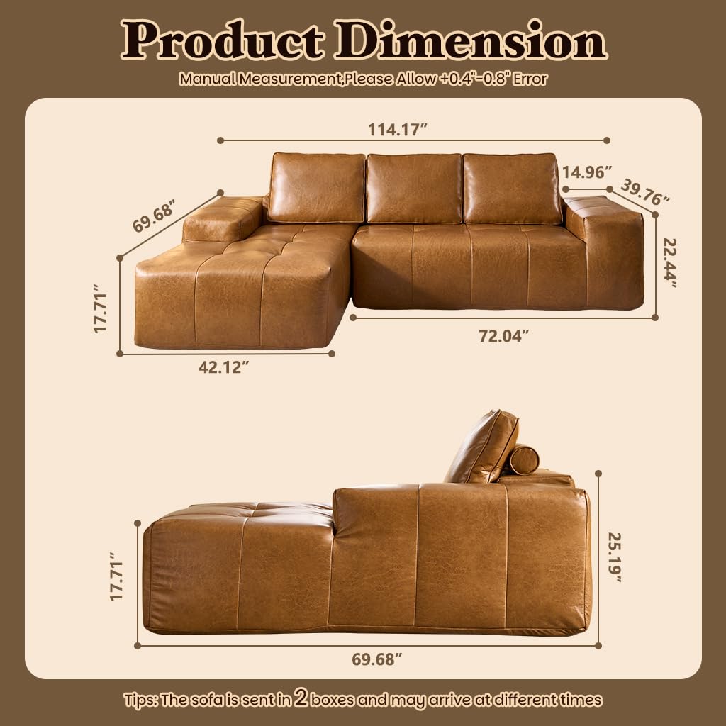 114" Boneless Couches for Living Room, Brown Faux Leather Cloud Sectional Couches with Chaise, Deep Seat L Shaped Modular Sofa, No Assembly Required Sofas in a Box (Left,Faux Leather,Brown) weaxty W