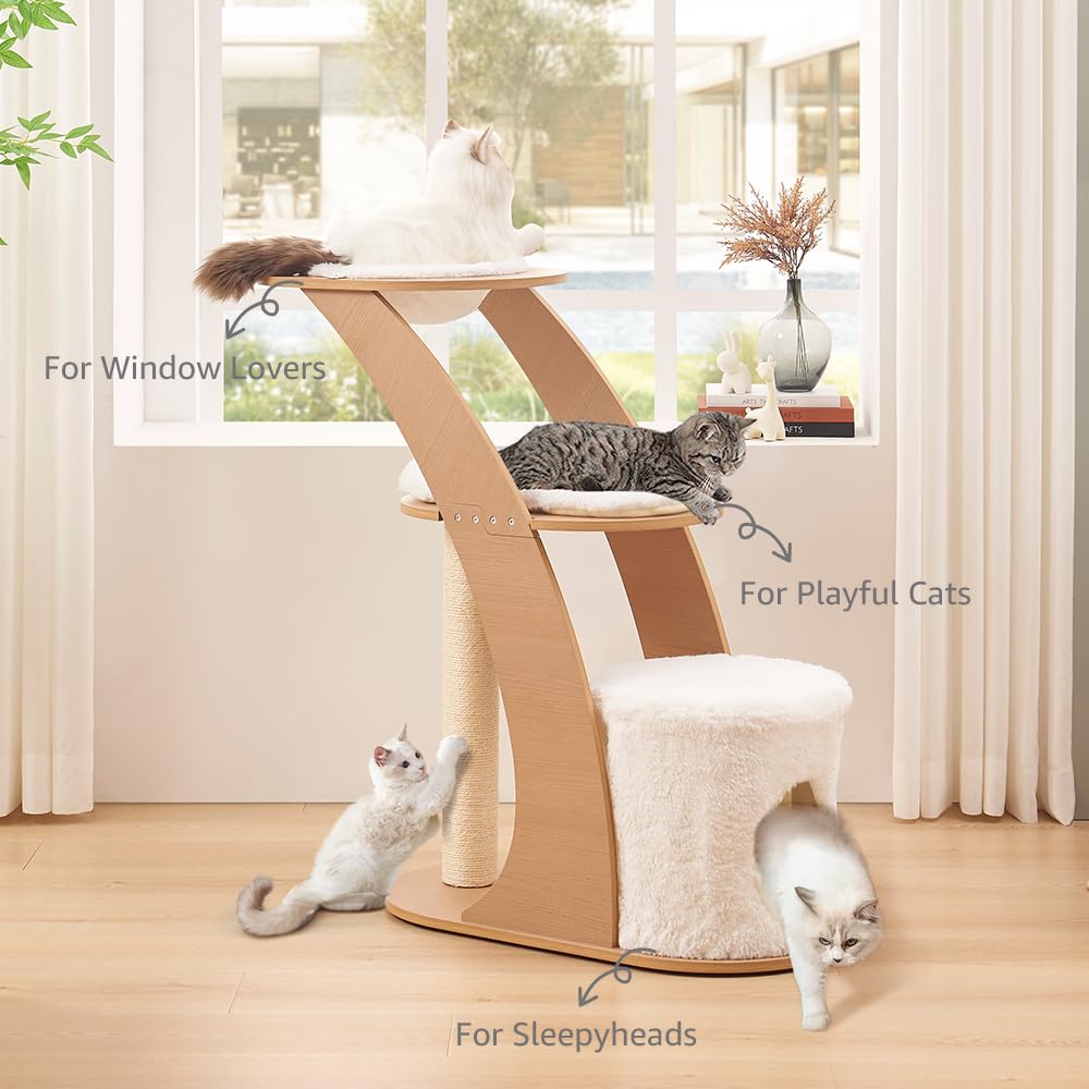 beeNbkks Cat Tree for Large Cats, Modern Tall Cat Tower for Indoor Cats, Cat Tree Tower with Cat Condo Scratching Post and Perch Hammock Bed, Luxury Wood Cat Ladder Furniture for Multiple Cats Kittens beeNbkks