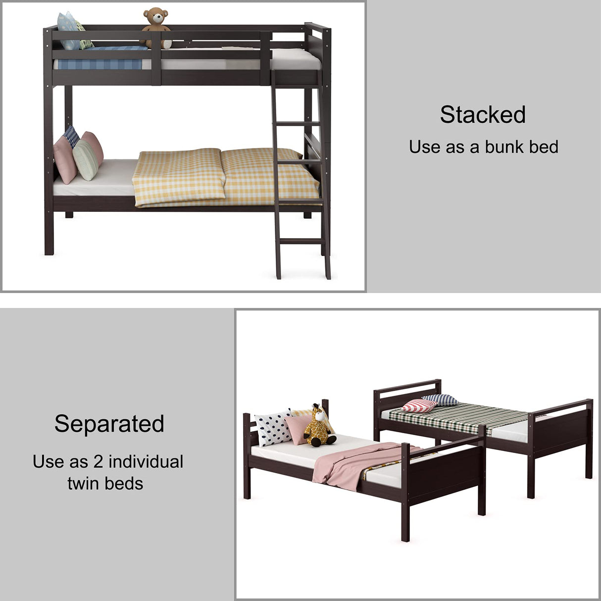 Giantex Twin Over Twin Bunk Bed, Solid Wood Twin Bunk Bed Convertible Into Two Individual Beds, Kids Twin Bunk Bed w/Ladder & Guard Rail for Boys Girls (Espresso) Giantex