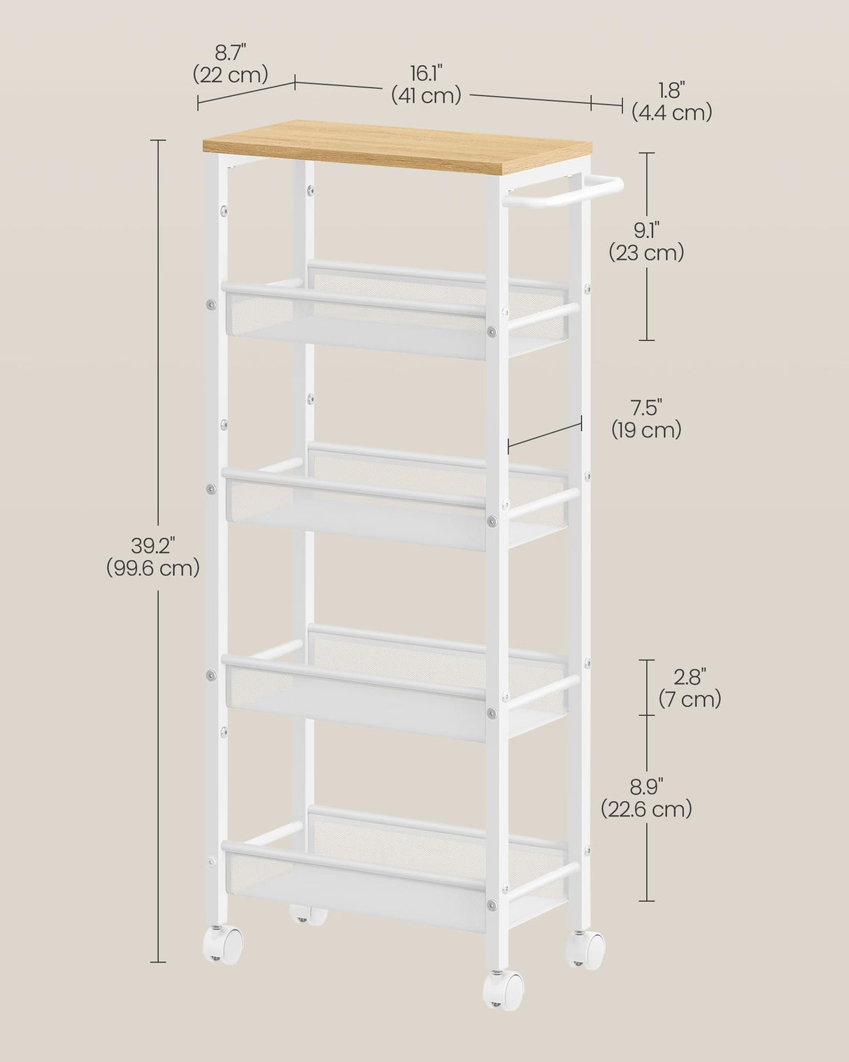 VASAGLE Slim Rolling Cart, 5-Tier Storage Cart, Narrow Cart with Handle, 8.7 Inches Deep, Metal Frame, for Kitchen, Dining Room, Living Room, Home Office, Oak Beige and Classic White ULRC035W09 VASAGLE