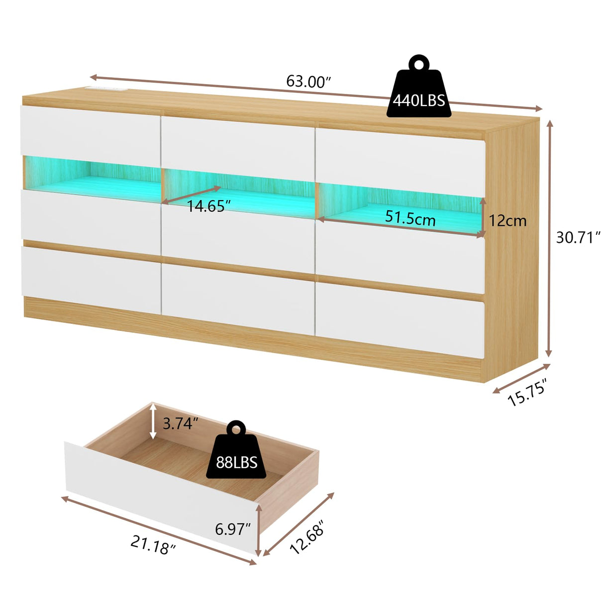 Loomie 9 Drawer Triple Dresser with Charging Station & Led Lights for Bedroom,Long 63" Dresser TV Stand for TVs up to 75",Wide Large Drawer Dressers Organizer with 3 Cubbies for Hallway, Light Wood Loomie