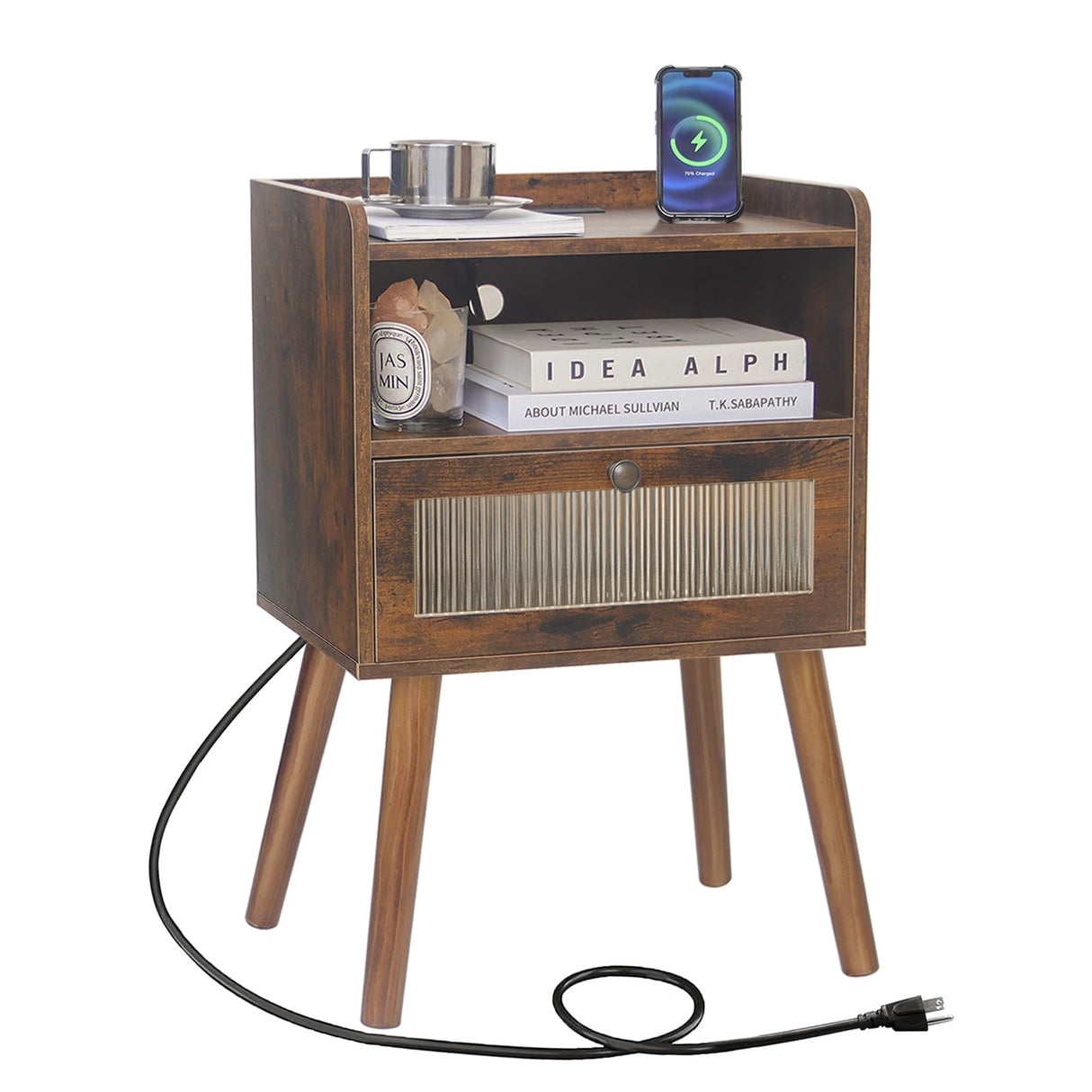 AWASEN Mid Century Night Stand with Charging Station, Wood Bedside Table with Glass Drawer, Small Modern Nightstand End Side Table with 2 Tiers Storage for Bedroom, Office(Rustic Brown) AWASEN