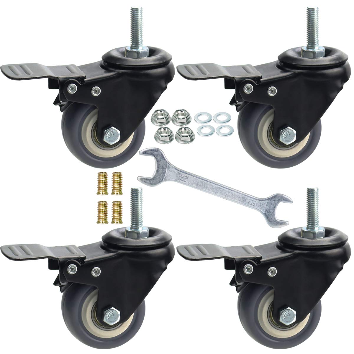 YEEMIGO 2 Inch Swivel Caster Wheels Set of 4, Metric M8-1.25 Threaded stem(Bolt Diameter 8mm, Length:1″) Durable Soft Rubber casters with Double Lock Mechanism, castors for Carpet Hardwood Floor. YEEMIGO