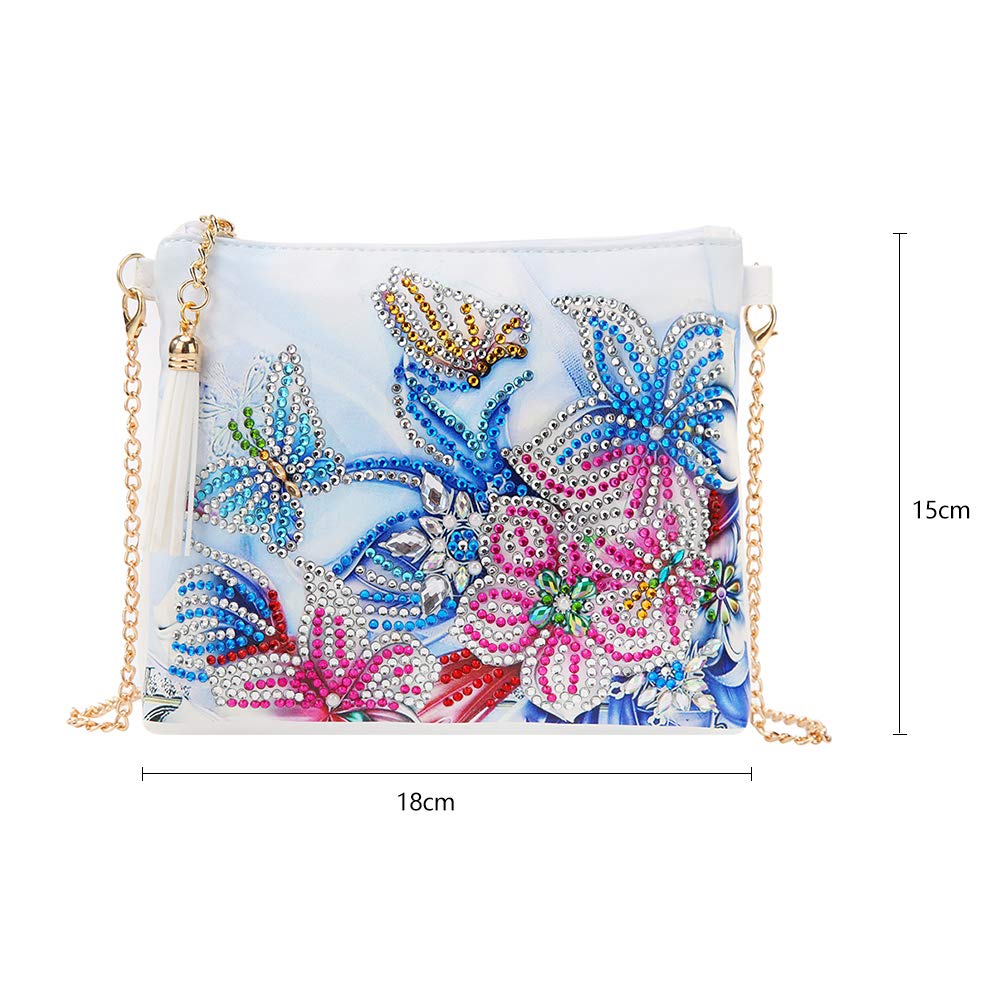 Diamond Painting Kits for Kids & Adult Cross-Body Handbag with Chain 5D DIY Rhinestone Cross Stitch Arts Craft Makeup Shoulder Bag Zipper for Christmas Gift Ross Beauty (Butterfly Flower) Ross Beauty