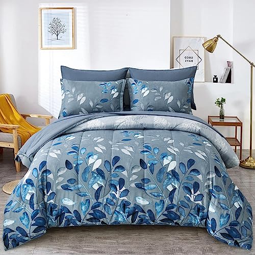 Anibedding Blue Comforter Set Queen Size 7 Piece Navy Botanical Gradient Leaves Ultra Soft Microfiber Down Alternative Bedding Set Lightweight Reversible Bed Comforter Set for All Season 90" x 90" Anibedding