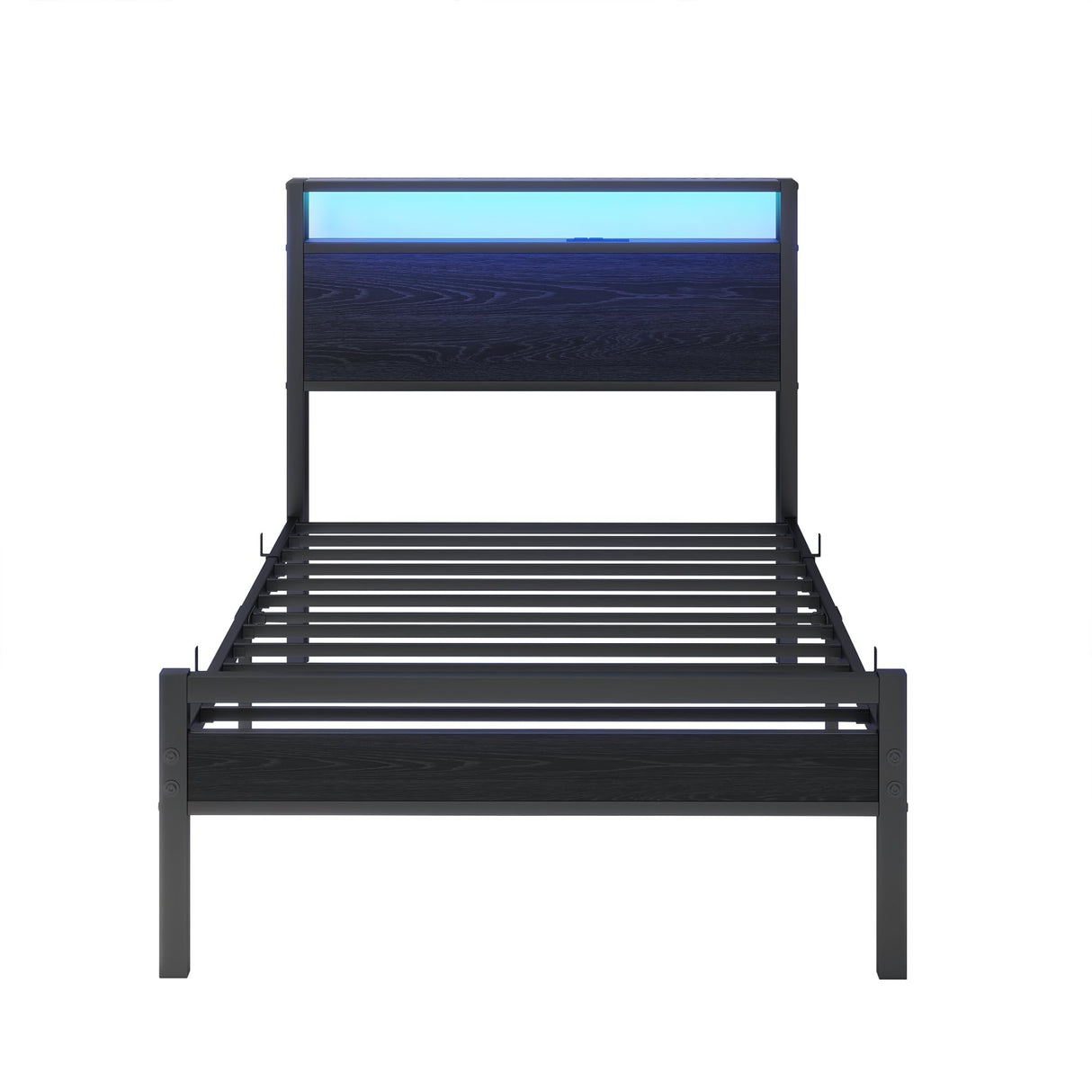 HOJINLINERO Twin Bed Frame with Storage Headboard/LED Lights,Metal Bed Frame Twin Size with Charging Station,Twin Platform Bed Frame No Box Spring Needed,Beds Base,Heavy Duty Metal Slats Support,Black HOJINLINERO