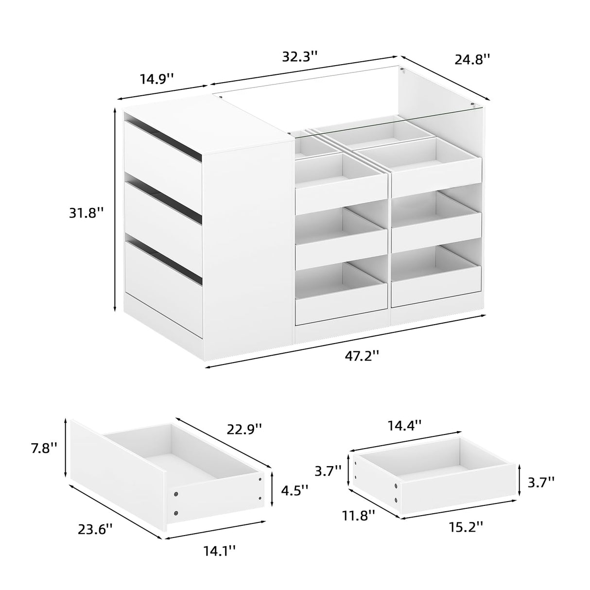 LIVAUVEAD Closet Island with Drawers, Wardrobe Armoire Bedroom Island, Glass Display Shelf & 15 Drawers, White Dresser with Glass Top, Walk-in Closet Island for Bedroom, Cloakroom LIVAUVEAD