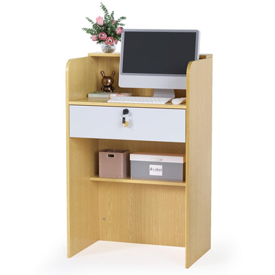OmySalon Reception Desk with Counter, Small Front Desk w/Lockable Drawer, Wooden Modern Reception Table for Salon Lobby Office Home (Original Wood, 24)
