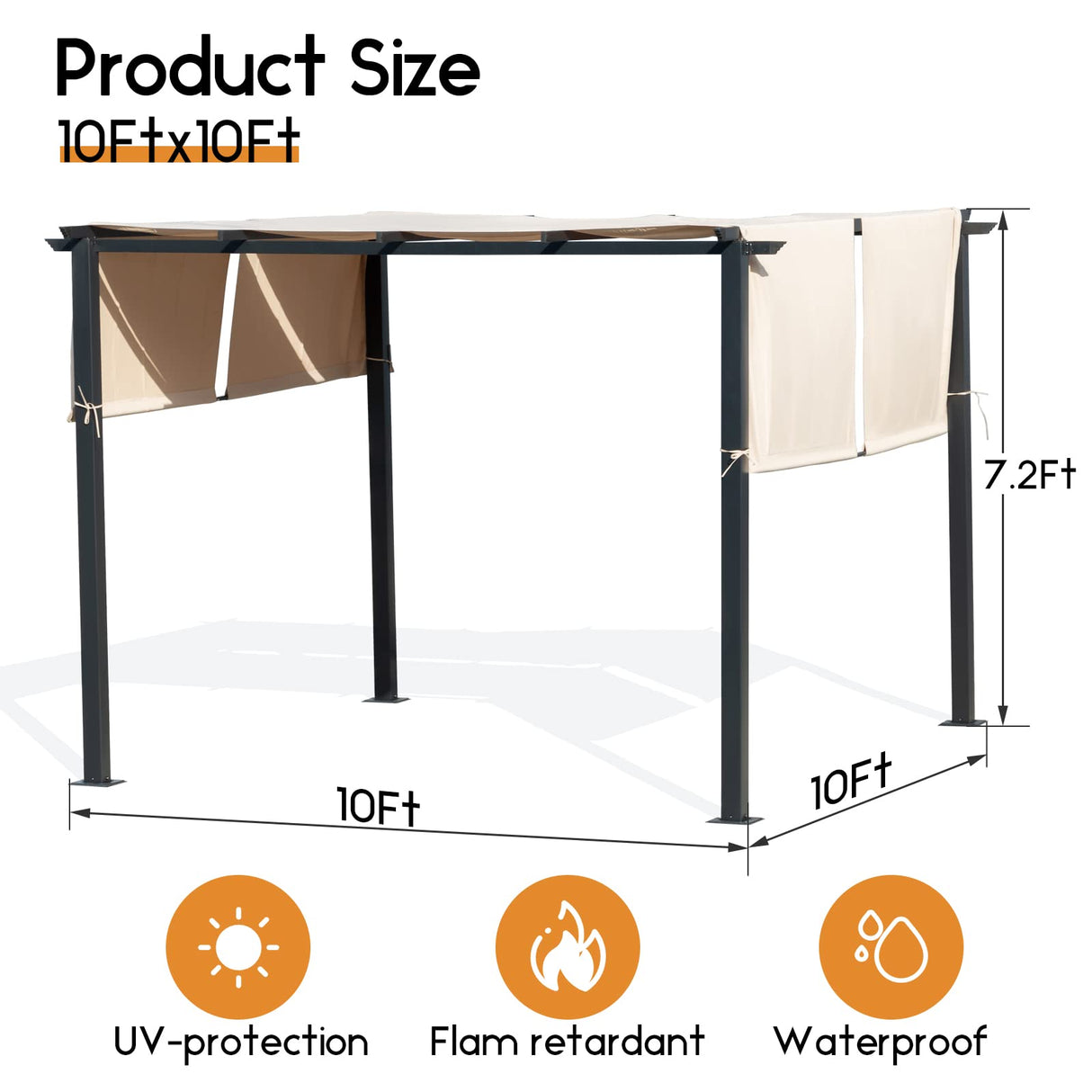 Warmally 10'x10' Outdoor Retractable Pergola, Aluminum Frame Patio Pavilion with Sun Shade Canopy Cover, Sun Shelter Gazebo for Deck, Porch, Garden, Lawn (Beige) Warmally