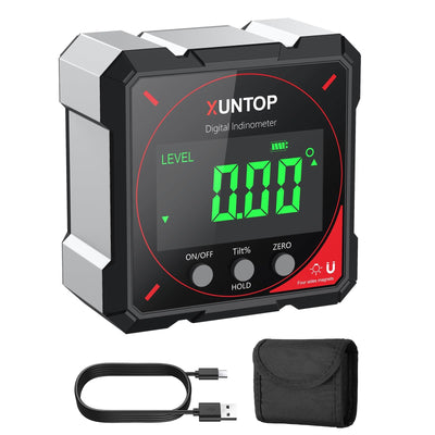 XUNTOP 4 * 90°Digital Angle Finder 4-side Strong Magnetic Digital Protractor with LCD Display, Type-C Rechargeable Level Box IP54 Waterproof Angle Measuring Tool for Woodworking, Construction and DIY