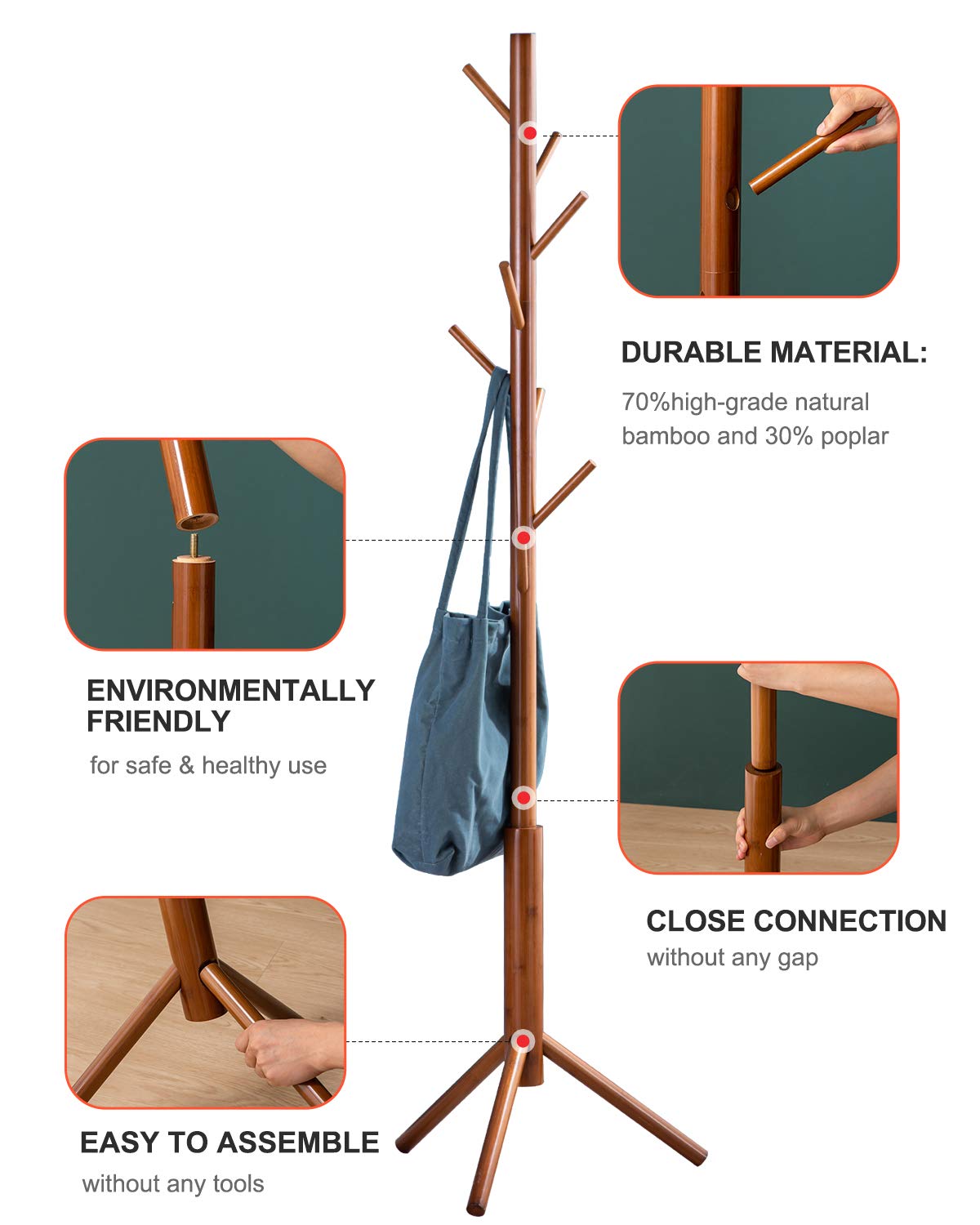 BMOSU Coat Rack freestanding Stand Bamboo Wooden Coat Tree 8 Hooks 3 Adjustable Standing Jackets Hanger Hallway Corner Parlor(Brown) BMOSU