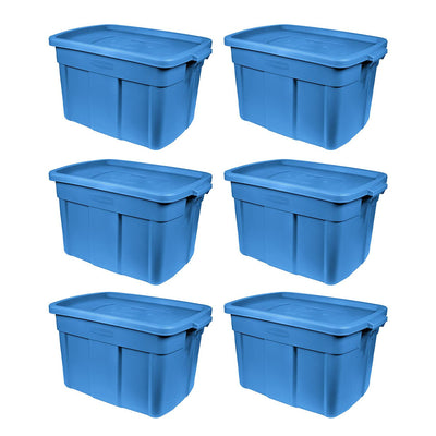 Rubbermaid Roughneck Tote 18 Gal, 6 Pack, Made in USA, Heritage Blue, Rugged Plastic Stackable Storage Bins with Lids and Handles
