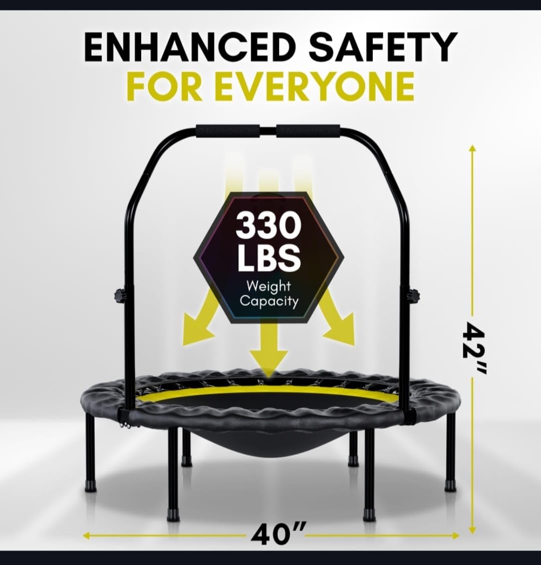 Tribes Foldable Mini Trampoline for Adults and Kids, Rebounder with Adjustable Bar and Nonslip Feet, 330lbs Max Capacity, Indoor Outdoor Fitness Equipment TRIBES