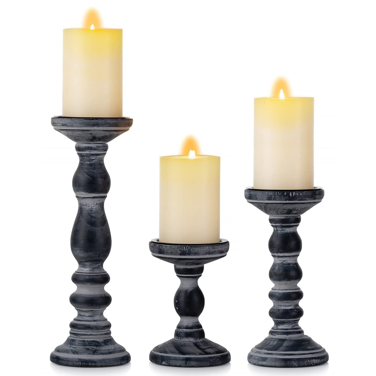 Candle Holder for Pillar Candles: Romadedi Set of 3 Decorative Wood Candlestick Holders, Rustic Wooden Candle Stand for Fireplace Mantle End Table Shelf in Farmhouse Style, Black 6”, 8.3”, 12” Romadedi