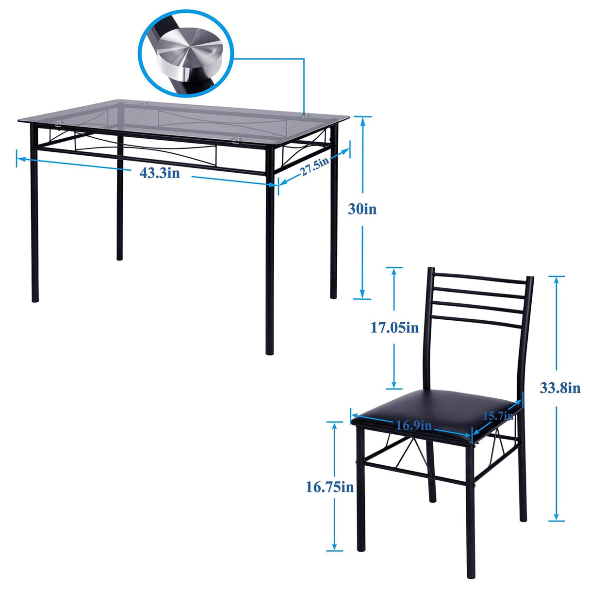 VECELO 5-Piece Kitchen Dining Table Set, Glasses Tabletop & Heavy-Duty Metel Frame, Rectangle Dinette with 4 Chairs for Small Space, Breakfast Nook, Glasses & Black VECELO