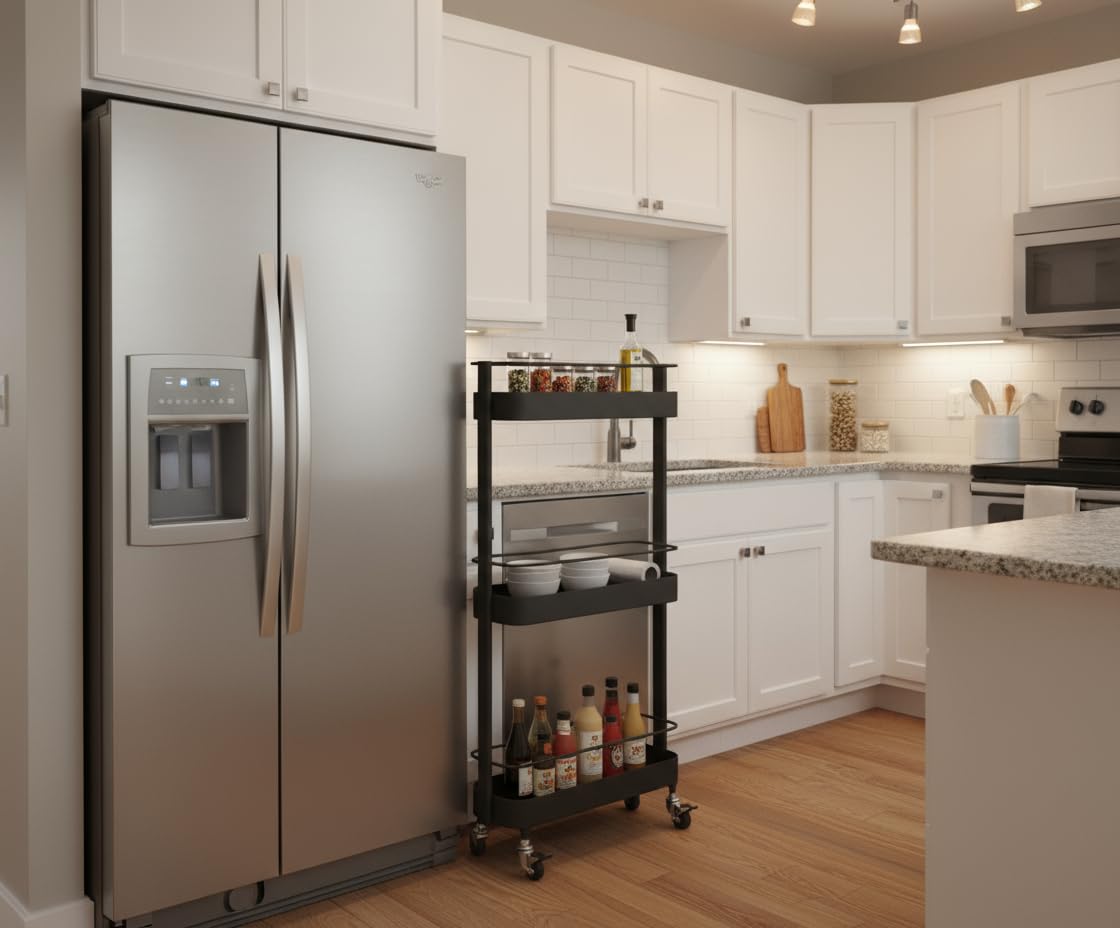 Wayshome Rolling Storage Cart, 3 Tier Bathroom Organizer Mobile Shelving Unit, Metal Utility Cart Tower Rack for Kitchen Laundry Narrow Places(Fully Assembled Furniture, Black) Wayshome