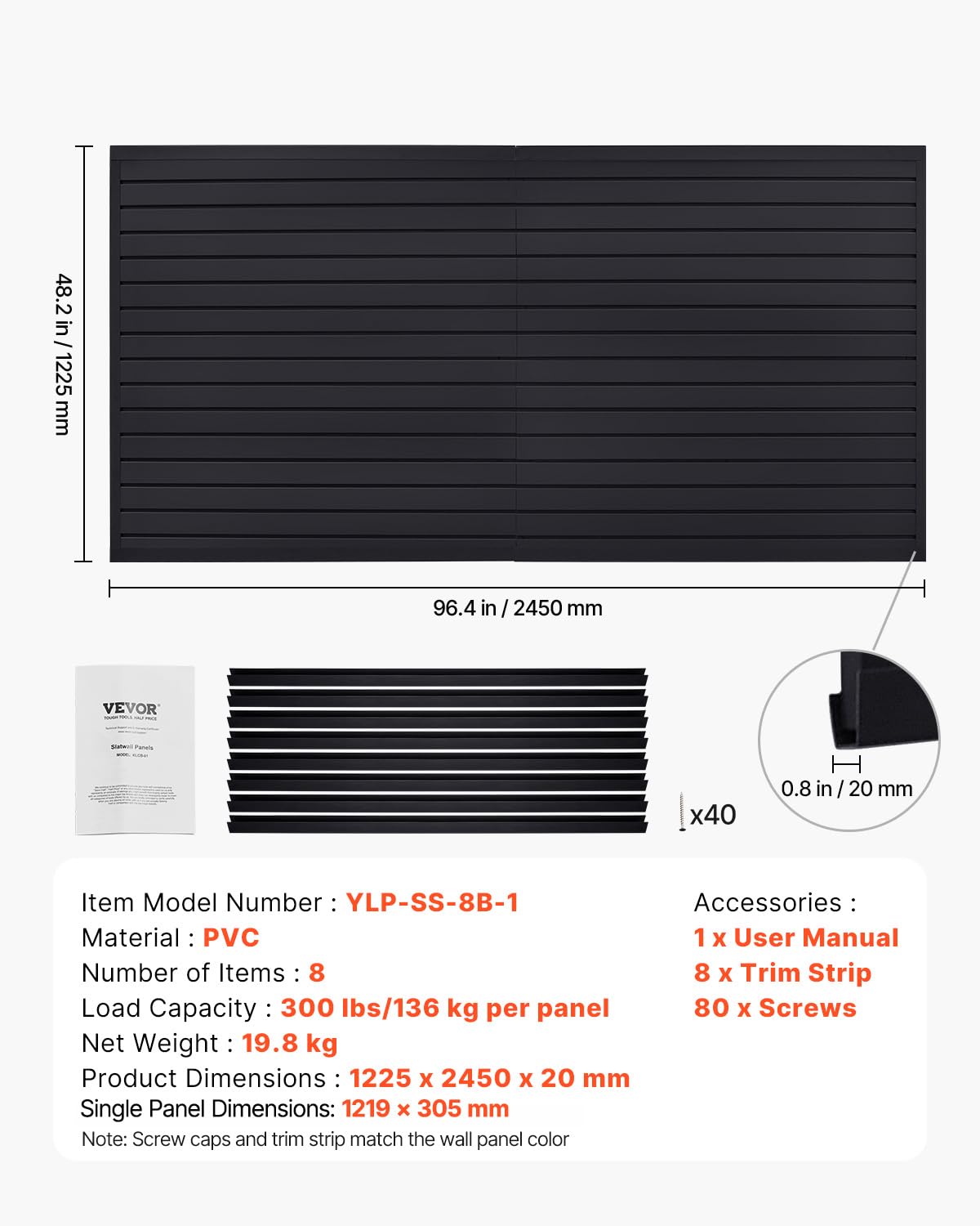 VEVOR Slat Wall Paneling, 8 x 4 ft, PVC Garage Slatwall without Accessories, Black Slat Wall Easy-to-Install Adjustable Slatwall Panel with Coupling Structure & DIY Cutting, Fits for Storage & Display VEVOR