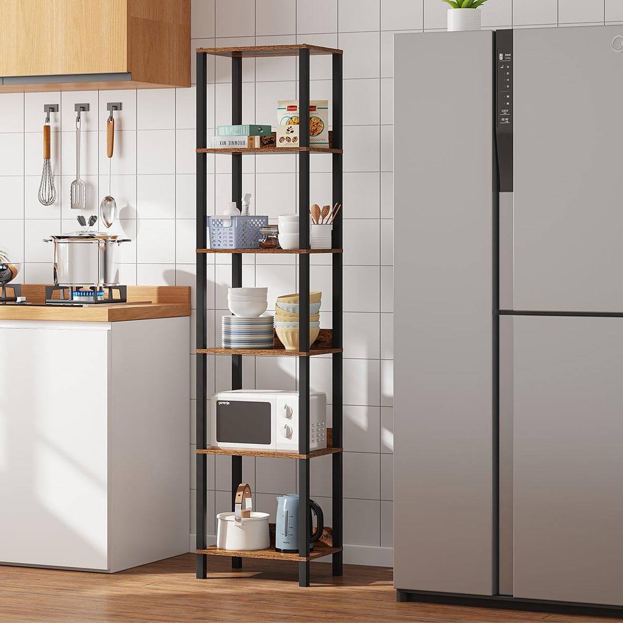 6 Tier Bookshelf with Anti-Fall Baffle, Tall 64.79" Bookcase with DIY Shelves, Industrial Book Shelf Storage Organizer, Display Free Standing Shelf Unit for Bedroom, Living Room, Office, Rustic Brown VIMBER