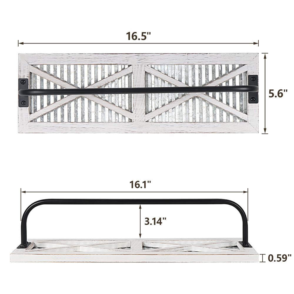 Butizone Bathroom Towel Rack, Rustic Towel Rack Wall Mounted, Small Farmhouse Bath Towel Storage Rack with Weathered Wood and Corrugated Galvanized Metal, for Hanging Towels and Hand towels, White Butizone