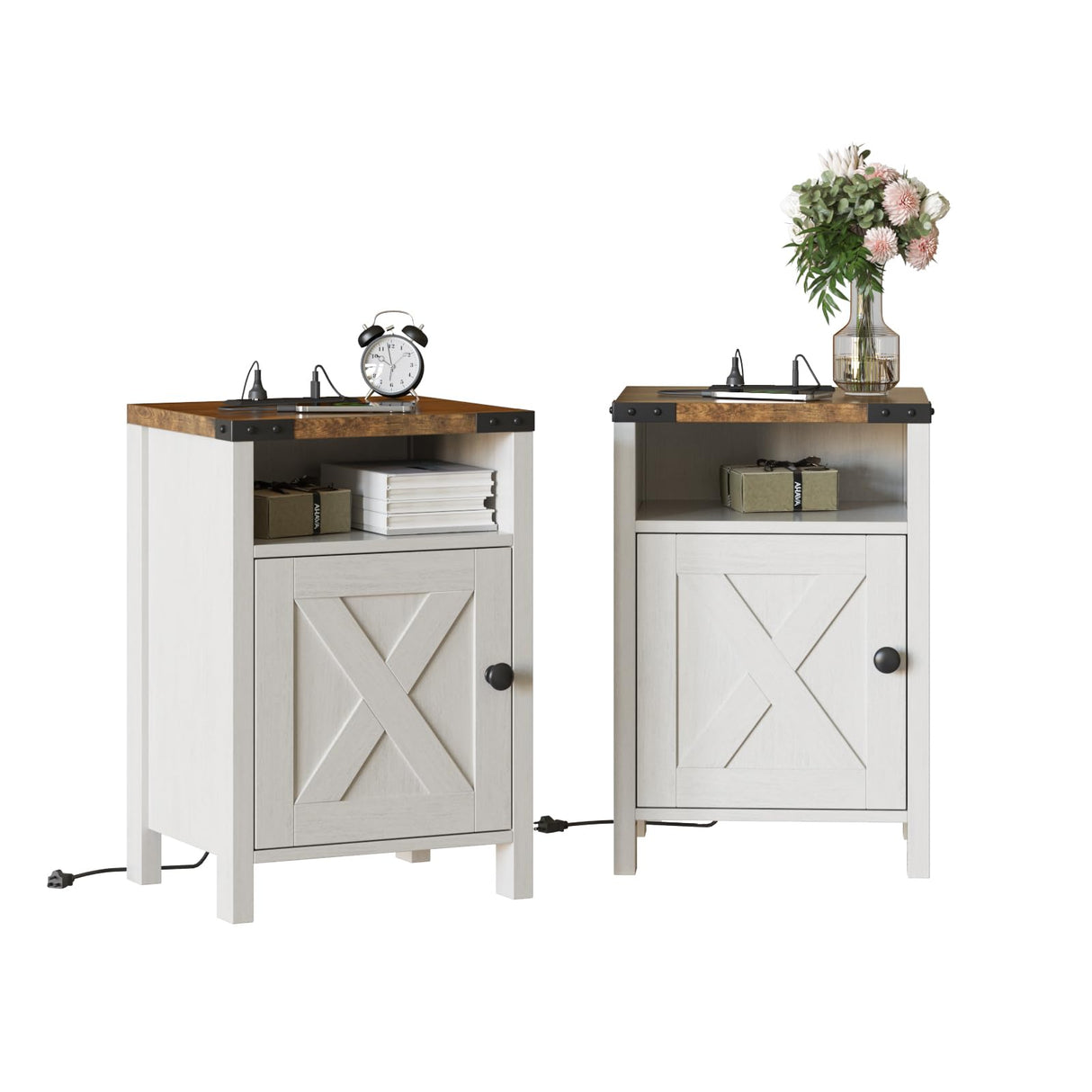 Fameill Nightstands Set of 2, Farmhouse End Tables with Charging Station, Bedside Tables with Barn Door and Shelf, Rustic Living Room Bedroom Side Table, Modern White Fameill