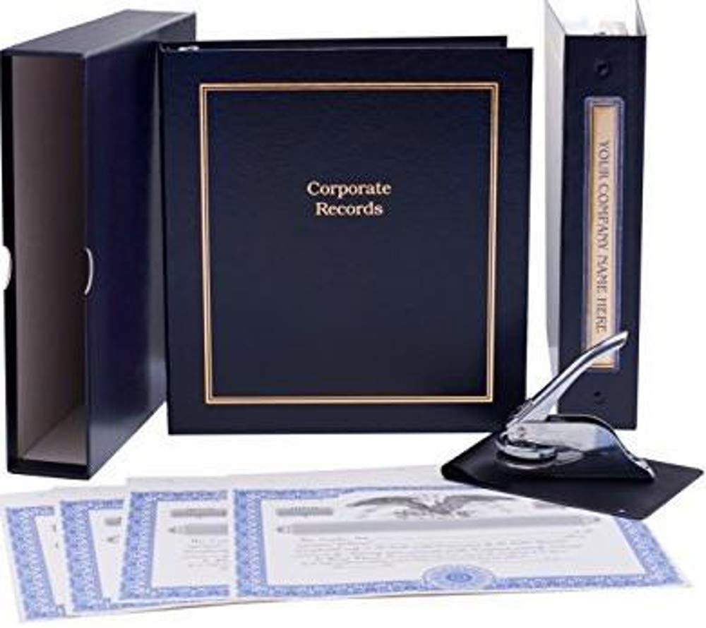 Corporate Kit (Black) - Binder, Slipcase, Minutes & Bylaws, Stock Certificates, Index Tabs & Metal Corporate Seal Hubco